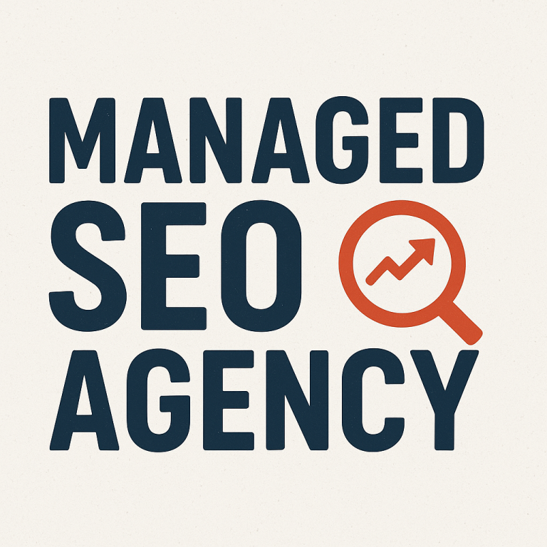 "Managed SEO Agency text in bold navy blue capital letters with an orange magnifying glass icon containing an upward arrow, on a clean off-white background."